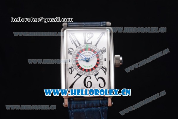Franck Muller Long Island Las Vegas Asia 2813 Automatic Steel Case with White Dial Arabic Numeral Markers and Blue Leather Strap - Click Image to Close